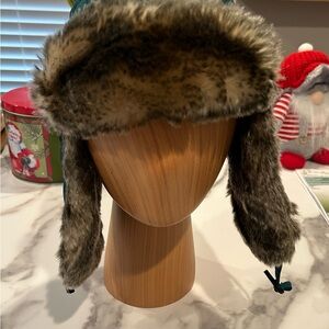 L.L. Bean Faux Fur Trapper Hat - Green with Brown Fur Lining
